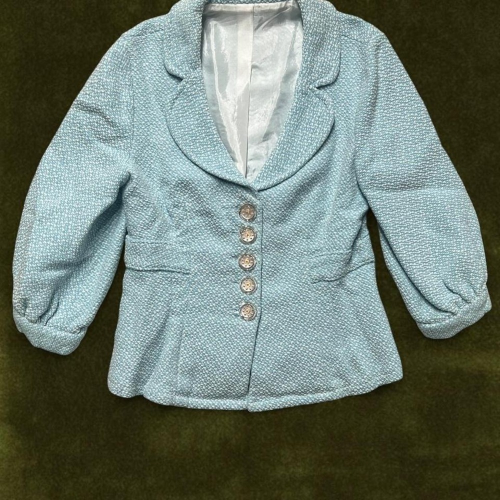 Vintage 1960s Sky Blue Tweed Peplum Blazer Puff Sleeve Lucite Buttons medium